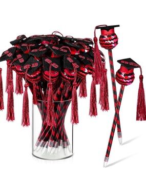 15 Graduation Pens Cap Ballpoint Pens Tassels Red Party Favors Lot
